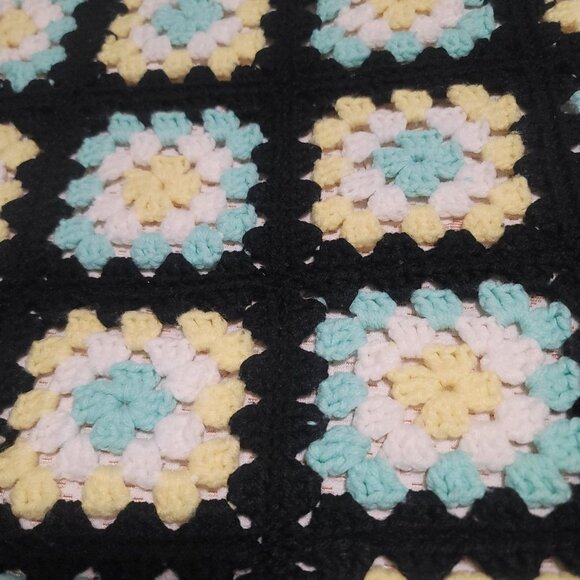 Vtg 70s Blue Yellow  Flower Square Afghan Blanket Granny Crochet Throw 55x70 In - Picture 1 of 5